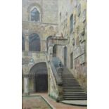 S Cecchi (19th century Italian school) - Courtyard scene with staircase, watercolour and