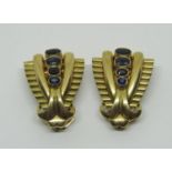 Pair of yellow metal dress clips in the style of Boucheron, set with graduated sapphires, 3.2cm L