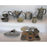 19th century brass letter scales (lack weights), silver plated teapots, etc