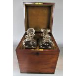 19th century mahogany decanter box with twin handles and hinged lid enclosing four period