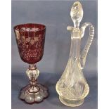 Large cranberry type cameo glass chalice on faceted baluster column with scroll decoration inscribed
