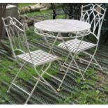 A contemporary cream painted light steel three piece terrace set comprising table with circular