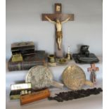 Miscellaneous effects including two Japanese bronze mirrors, Victorian bible, carved oak panel