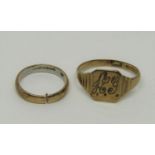 Platinum and 22ct wedding ring, 3.1g (cut) and a 9ct signet ring monogrammed 'H.G.', size Q/R, 2.