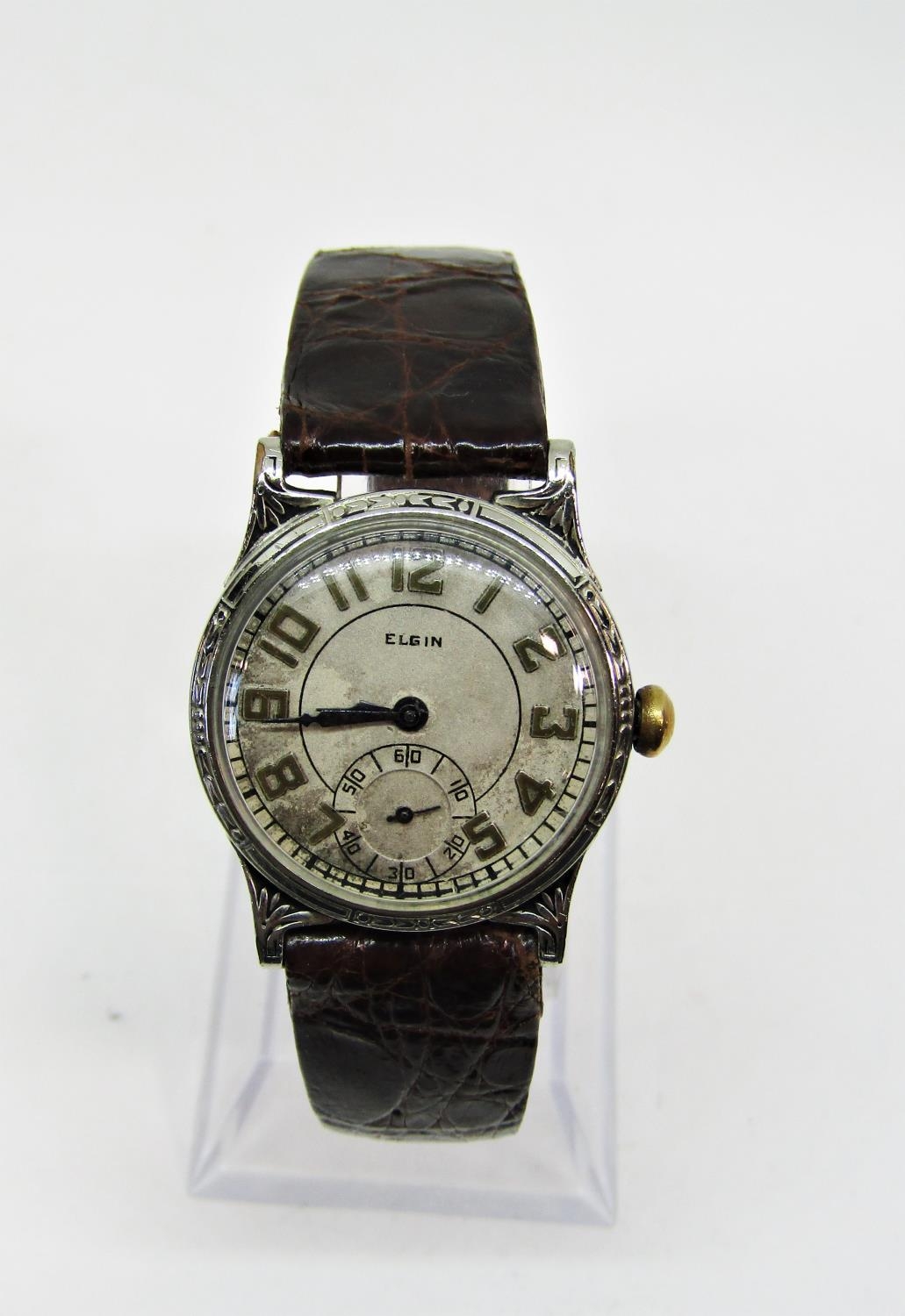 Good rare Art Deco Elgin mid size gents wristwatch, with white gold plated engraved casework,