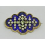 Antique yellow metal brooch set with topaz and split pearls on cobalt blue enamel ground, 22.5g (af)