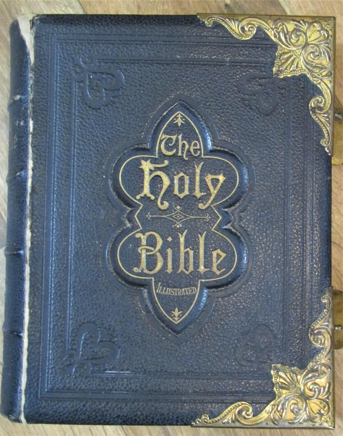 A large 19th century National Comprehensive Family Bible with coloured illustrations, maps, etc,