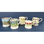 A collection of five Emma Bridgewater mugs including a child's mug with the initial A and car