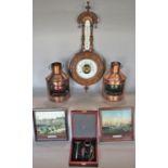 Two lightweight port and starboard lanterns, two early 20th century views of Hamburg, framed,
