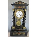19th century portico clock, the ebonised framework inlaid with brass, with enamelled dial and