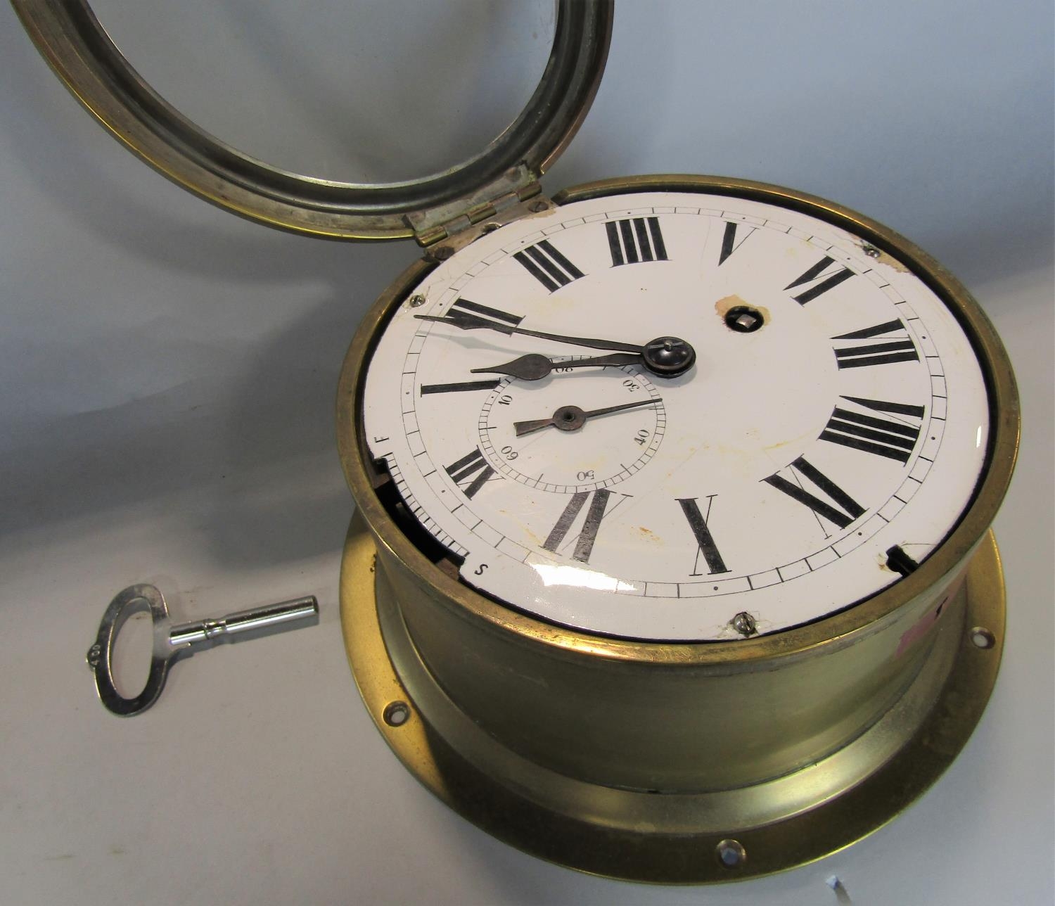 An eight day English bulkhead clock with brass casework, with fusee and chain and lever escapement - Image 4 of 5