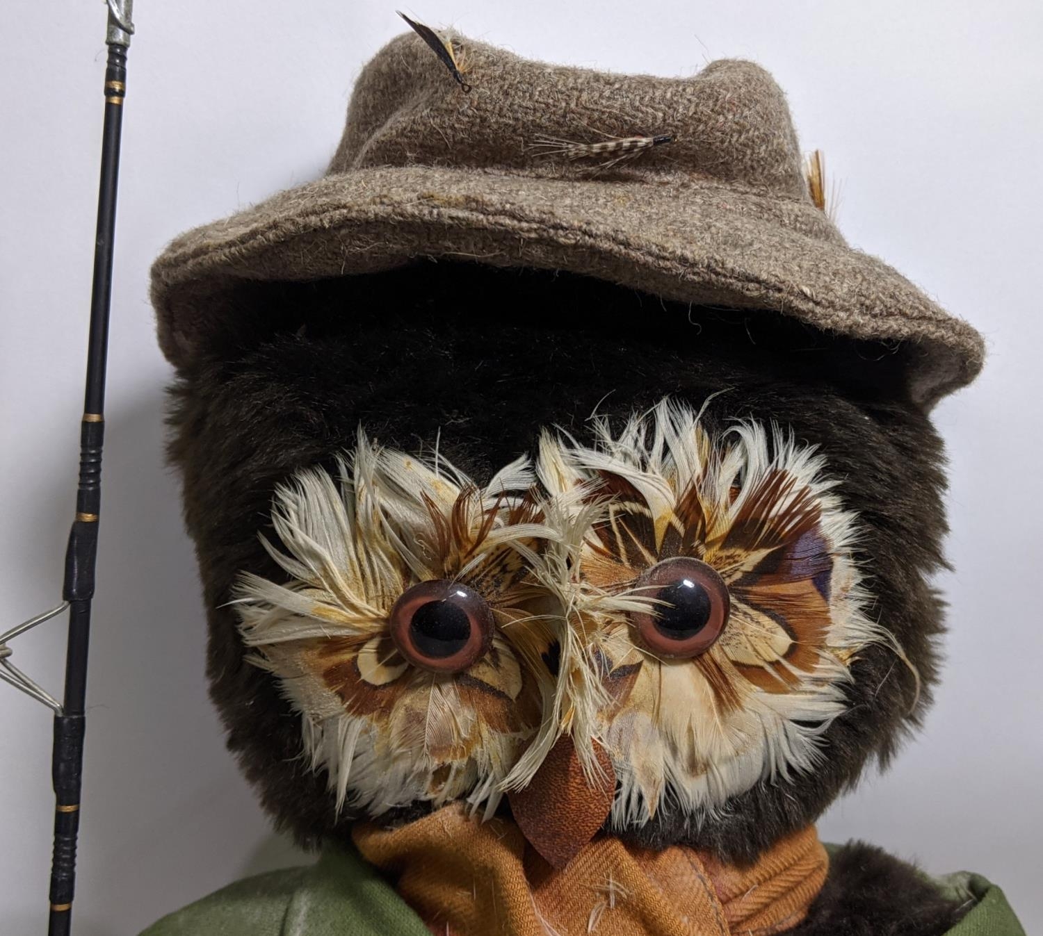 A pair of character soft toy standing figures with feathery owl faces, both dressed for country - Image 2 of 2