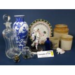 A quantity of ceramics and glassware including stoneware jars, oriental blue and white vase, glass