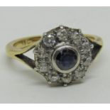 18ct sapphire and diamond cluster ring, size O, 5.3g