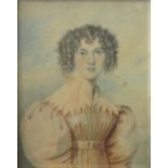 Early 19th century British school, half length miniature portrait of a woman with ringlets and