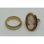 9ct wedding ring, size Q/R and a further 9ct cameo ring, size O, 12.7g total (2)