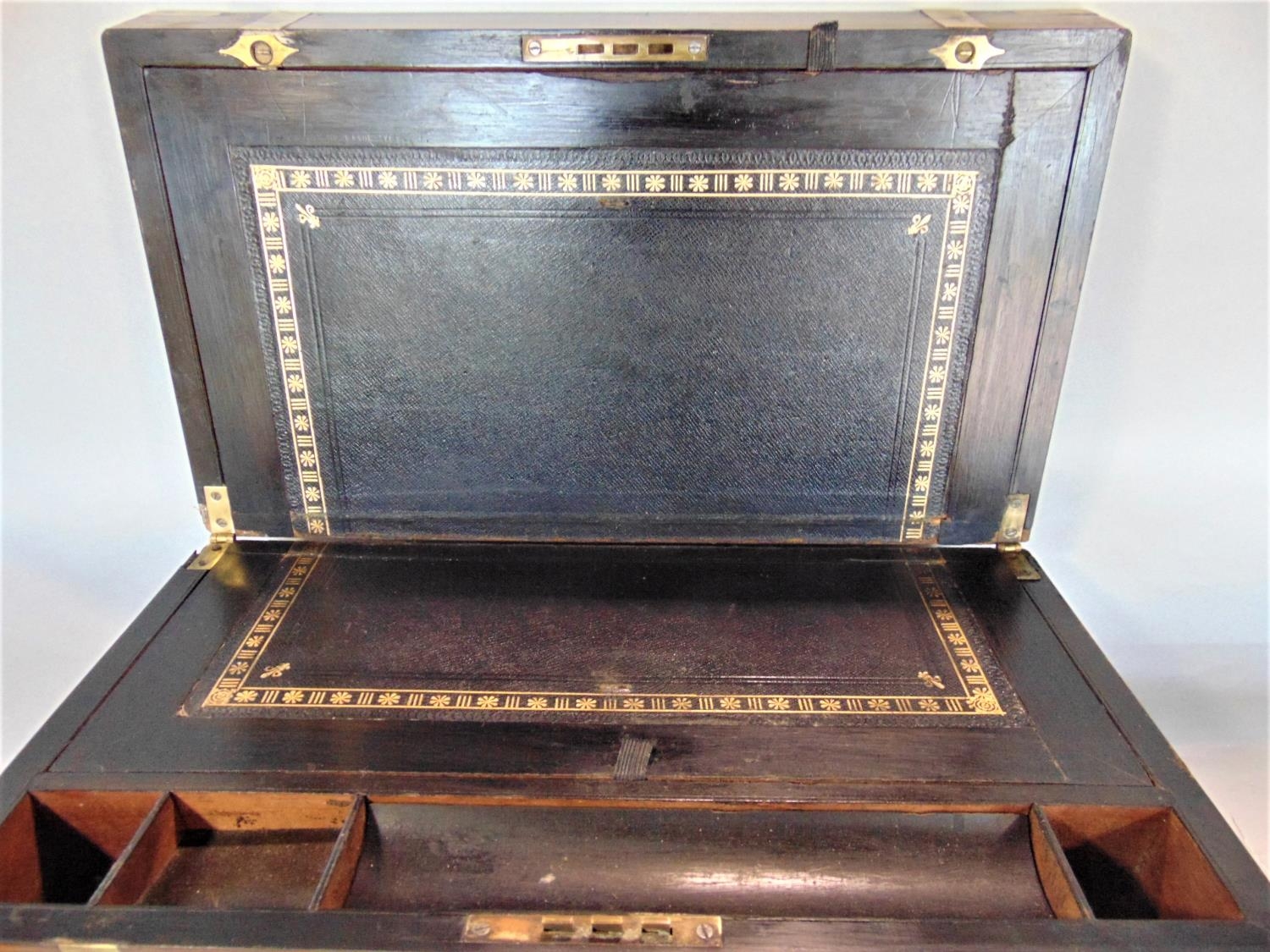 An early 20th century burr walnut brass bound writing slope, brass plaque applied to the hinged - Image 3 of 3