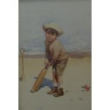Early 20th century British school - Full length study of a young boy playing cricket on a beach,