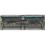 A pair of decorative ironwork flower troughs/planters, with removeable tin liners, repeating bound C