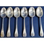 Set of six Edwardian silver dessert spoons, maker Josiah Williams & Co, London 1909, 17.5cm long,