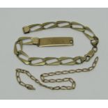 9ct flat curb link bracelet inscribed 'Nick' (af) and a further section of 9ct chain, 7.7g total (2)