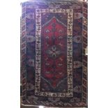 Good old Persian rug with central navy blue medallions and navy blue running borders with floral