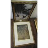 A collection of 19th century and later pictures and prints including oil painting on canvas of foxes