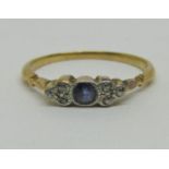 Art Deco sapphire and diamond ring in yellow metal, size N, 1.9g