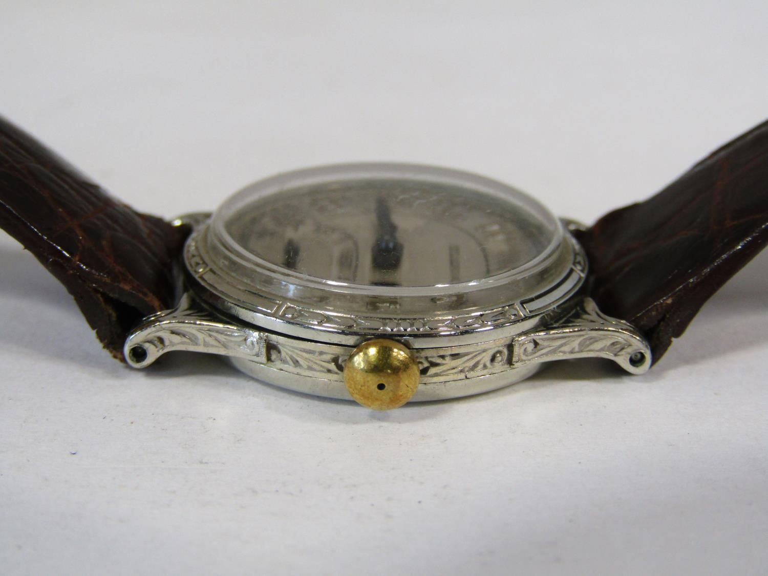 Good rare Art Deco Elgin mid size gents wristwatch, with white gold plated engraved casework, - Image 4 of 4