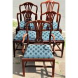 Five (4+1) Georgian mahogany dining chairs with shaped and pierced splats, upholstered seats and