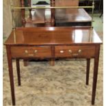 A 19th century mahogany two drawer side table with raised brass tubular rail with urn finials and