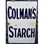 An old enamel sign of rectangular form advertising Colmans Starch, navy blue lettering on a cream