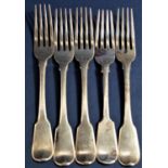 Set of four George III silver fiddle pattern table forks, London 1812, together with a further