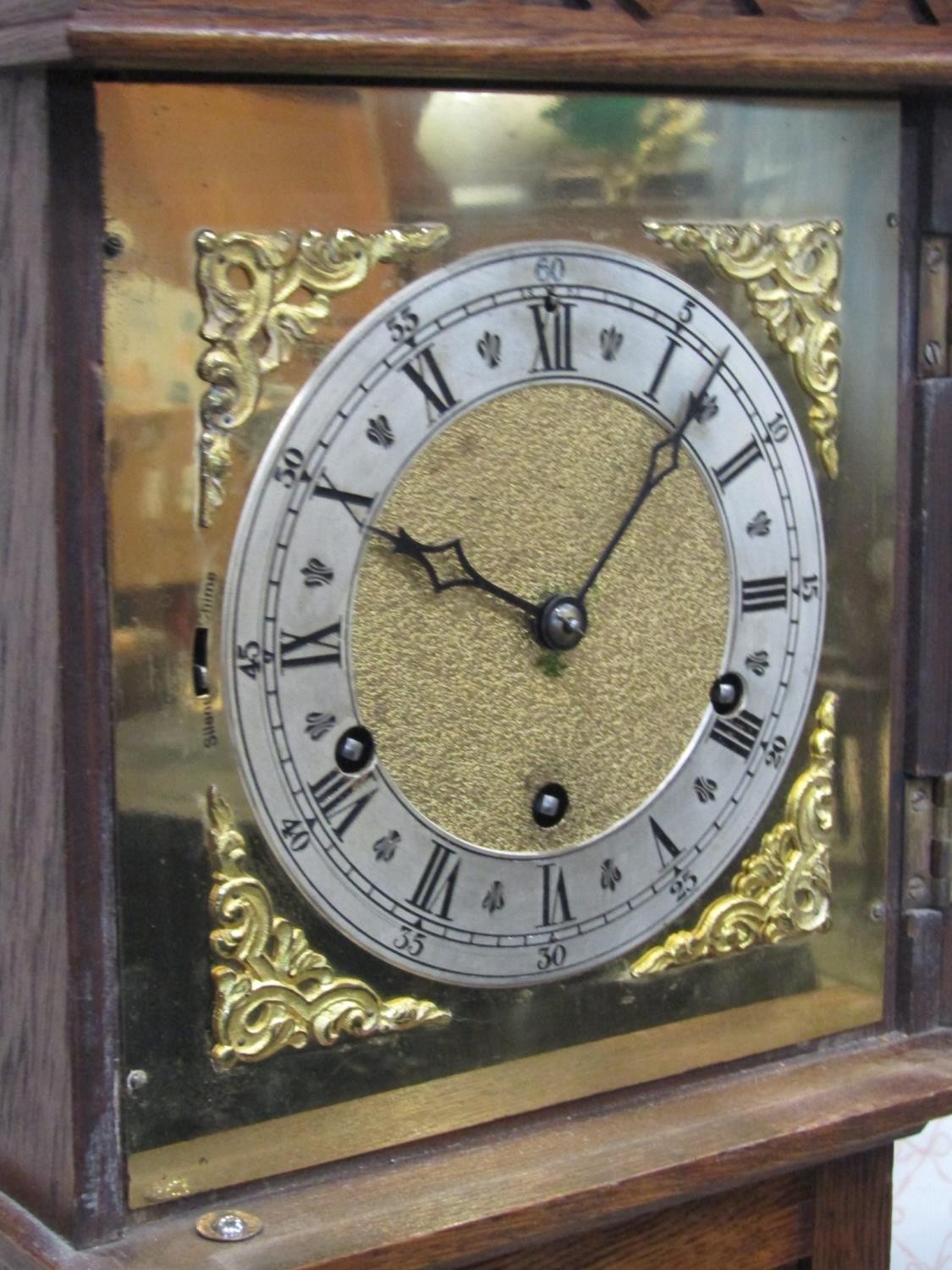 An oak grandmother clock, the square brass dial with silvered chapter ring enclosing three train - Image 2 of 2