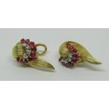 Pair of vintage Kutchinsky 18ct ruby and diamond earrings, London 1961, 16.5g (af - one misshapen)