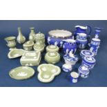 A collection of Wedgwood dark blue ground jasper wares including a bowl with plated rim, 20cm