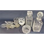 Small collection of various glassware comprising a silver rimmed cut glass napkin ring, two