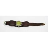 1940s Cyma pilot watch, worn by RAF member Lancaster on original military leather strap, the dial
