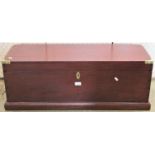 A narrow hardwood chest with hinged lid, brass fittings and exposed dovetail construction, 95 cm