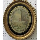 Late 19th century silk work embroidered picture of oval form showing a baby in a landscape setting