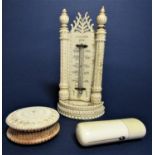 A Regency period ivory framed thermometer (glass tube AF), the surround with column supports on a