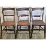 A harlequin set of ten traditional Windsor stained elm and beechwood bar back kitchen chairs