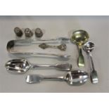 A small collection of silver plated wares to include a caddy spoon, nips, thimble (silver)