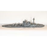 A home crafted model of a WWII battleship, with well detailed finish, painted in olive green,