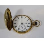 Antique Swiss 18ct hunter pocket watch, enamelled dial with Roman numerals and subsidiary second