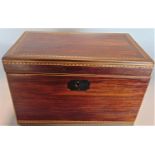 A good quality rosewood and parquetry inlaid tea caddy with simple ring handles and feather