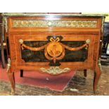 An inlaid continental commode fitted with three drawers, with applied brass fittings, set beneath