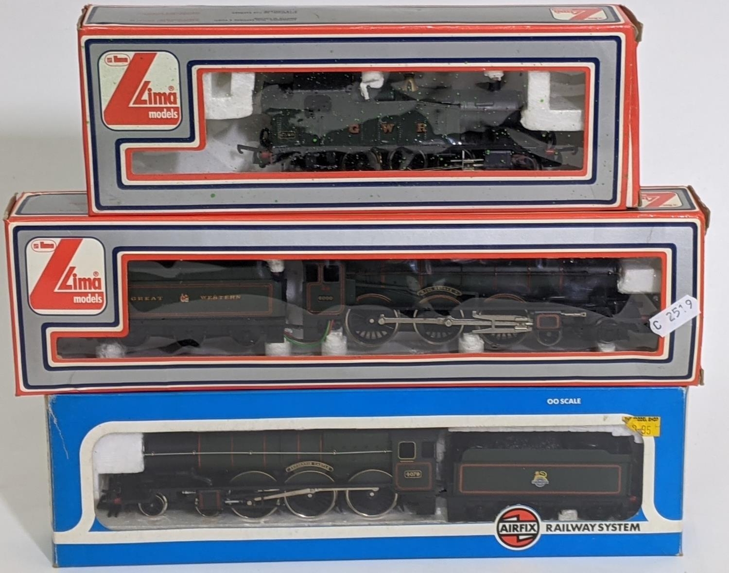 3 boxed OO gauge locomotives including Lima 'King George V' 4-6-0 with tender 205103, Lima GWR 2-6-2