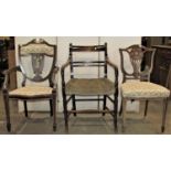 A good quality inlaid Edwardian mahogany open elbow chair together with a similar single chair, a