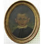 19th century school - Shoulder length study of a young boy in black jacket and lace collar, oil on